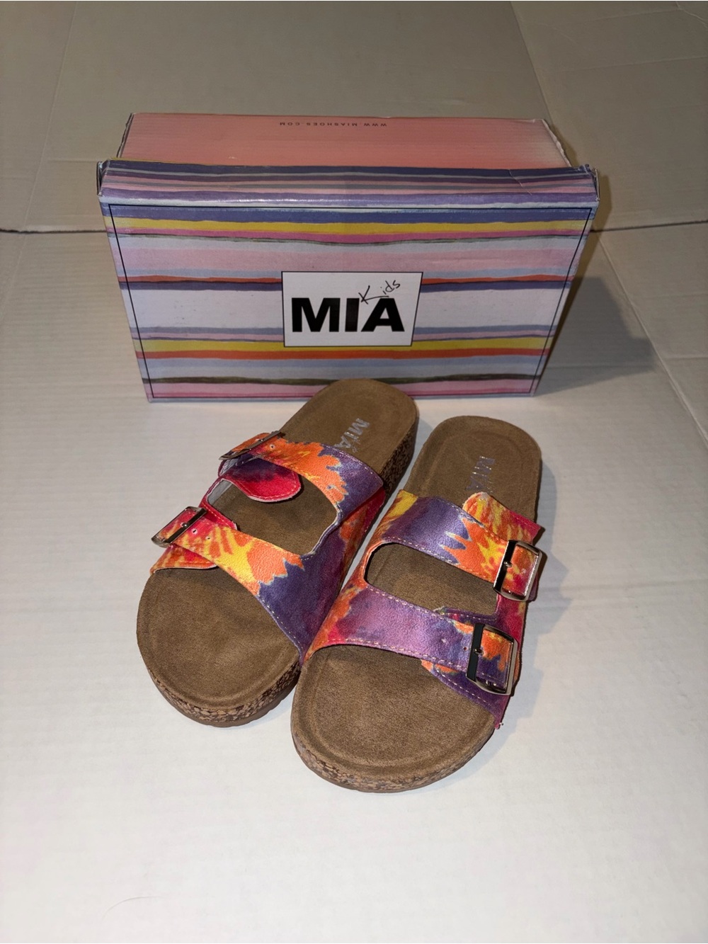 MIA Girls' Size 3 Two-Strap Slides in Purple & Orange Tie-Dye